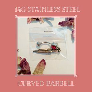 14g Stainless Steel Pink Gem and Feather Curved Barbell Piercing Belly Dangle